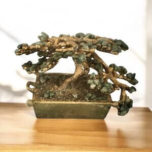 Vintage Miniature Bonsai Tree Sculpture Asian Gold Brass Jade Leaves 2” X 3”